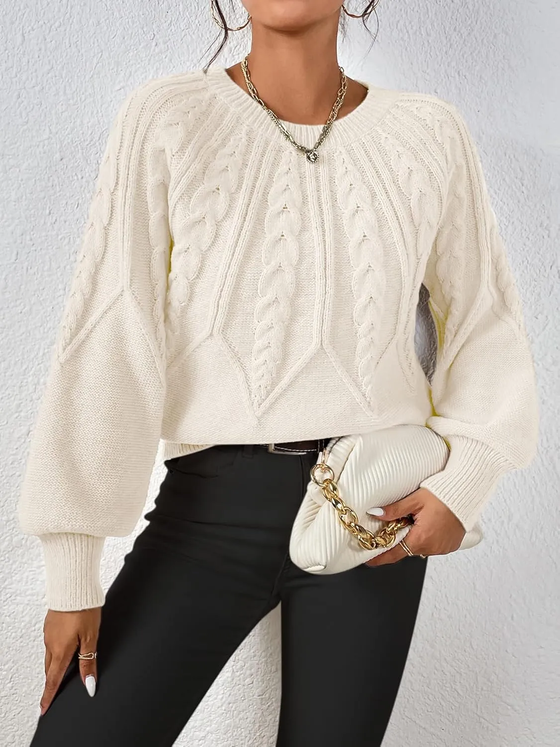 RFME Sweaters for Women Cable Knit Lantern Sleeve Sweater Sweaters (Color : Apricot, Size : Small)