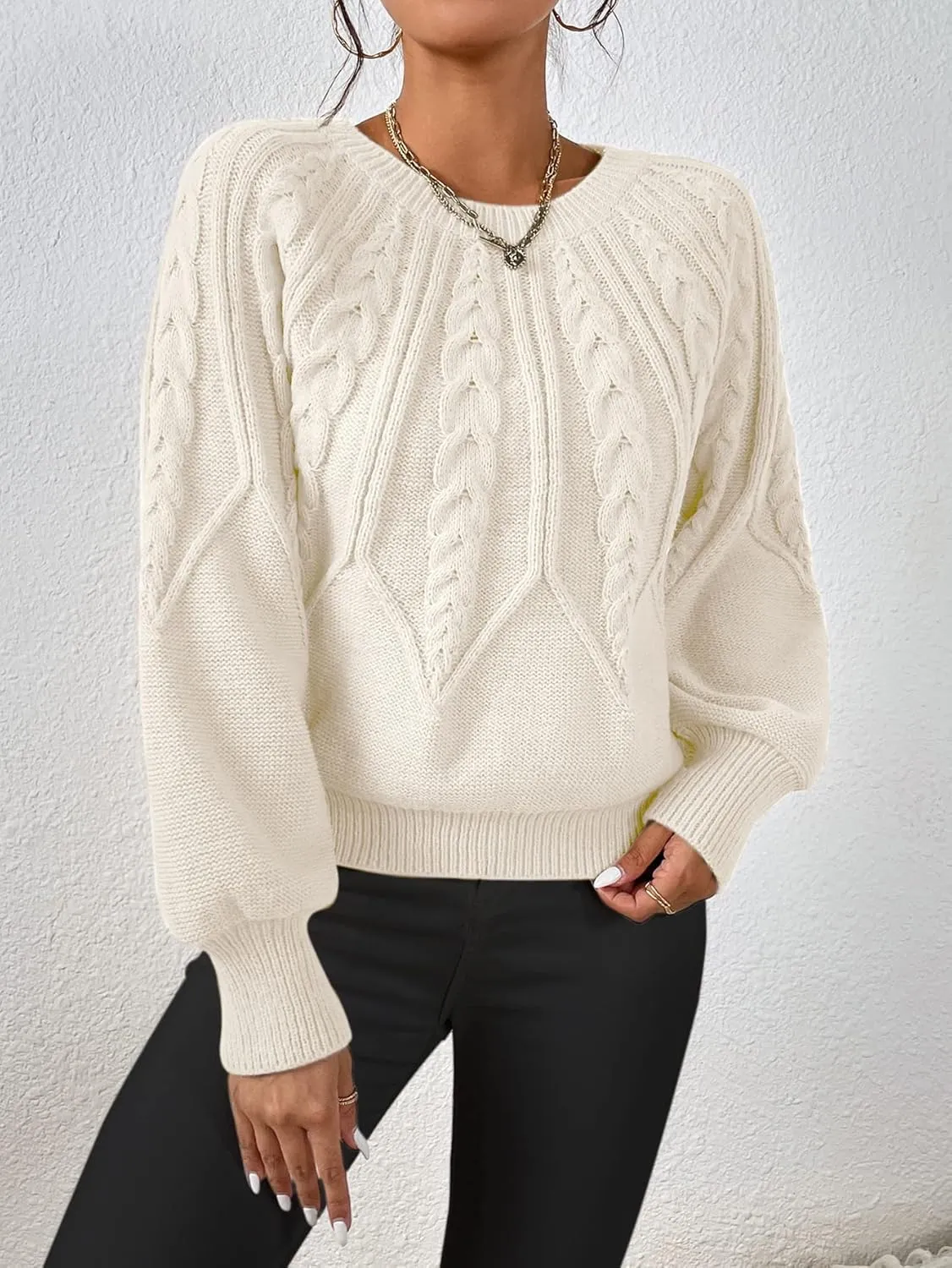 RFME Sweaters for Women Cable Knit Lantern Sleeve Sweater Sweaters (Color : Apricot, Size : Small)