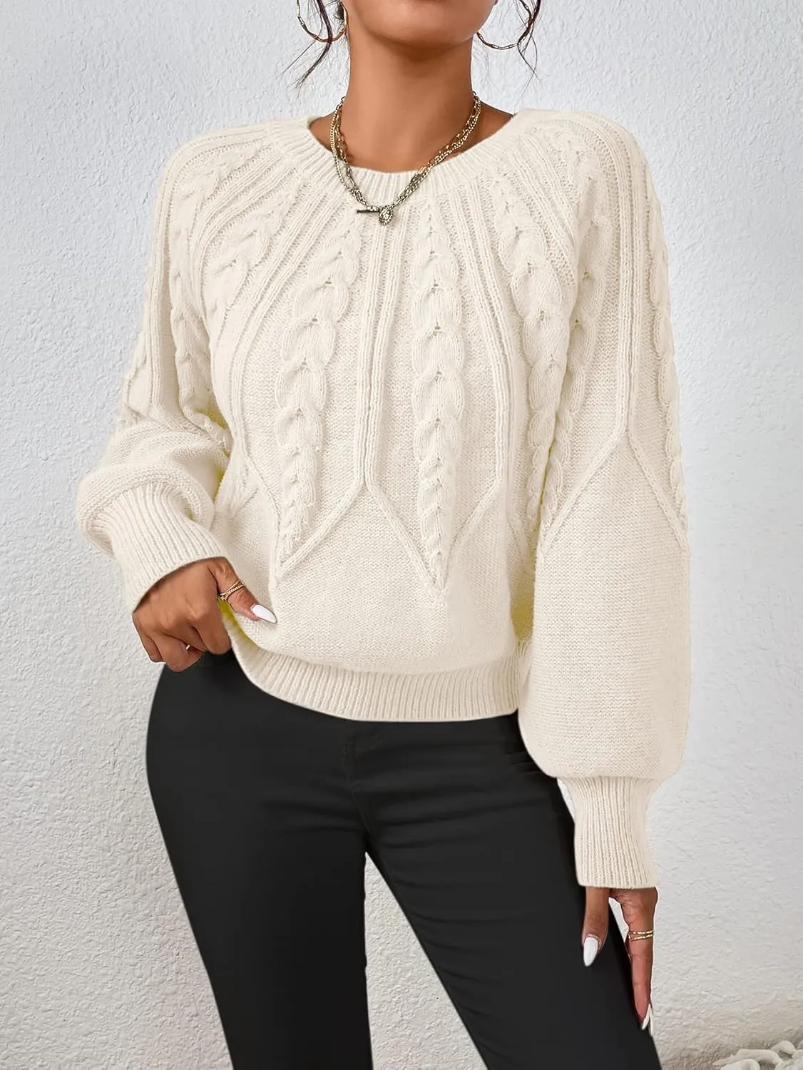 RFME Sweaters for Women Cable Knit Lantern Sleeve Sweater Sweaters (Color : Apricot, Size : Small)