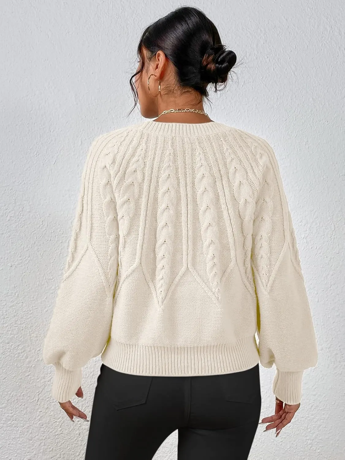 RFME Sweaters for Women Cable Knit Lantern Sleeve Sweater Sweaters (Color : Apricot, Size : Small)