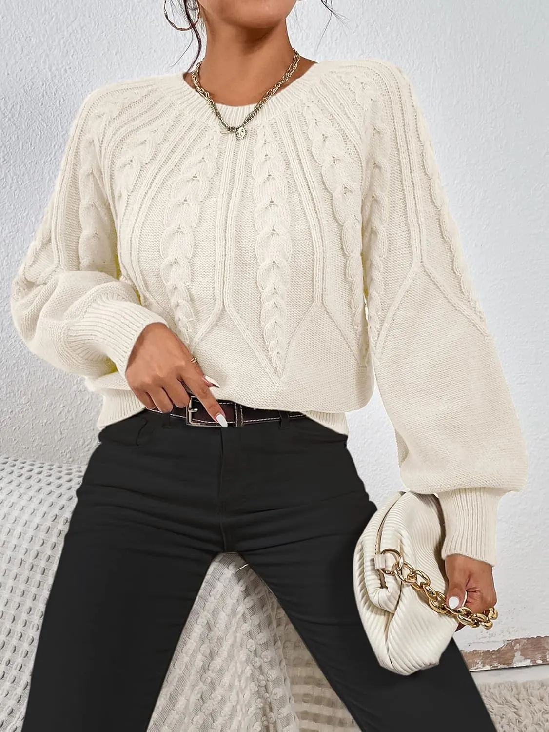 RFME Sweaters for Women Cable Knit Lantern Sleeve Sweater Sweaters (Color : Apricot, Size : Small)