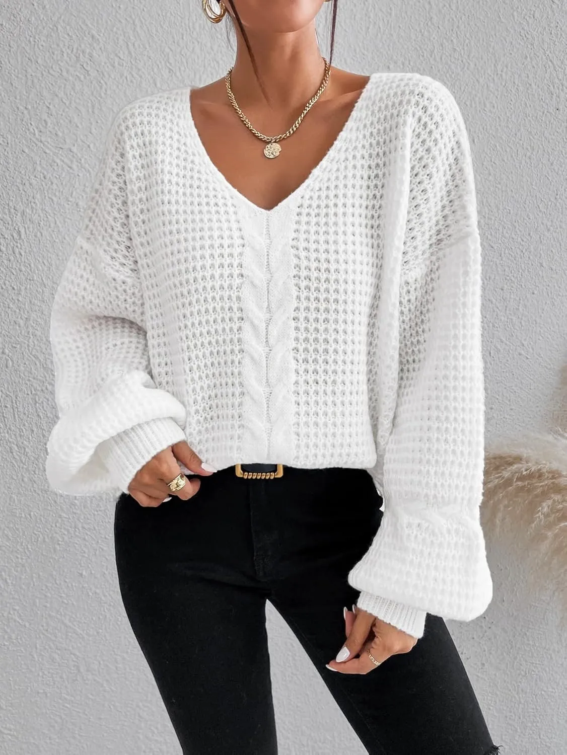 RFME Sweaters for Women Drop Shoulder Cable Knit Sweater Sweaters (Color : White, Size : Medium)