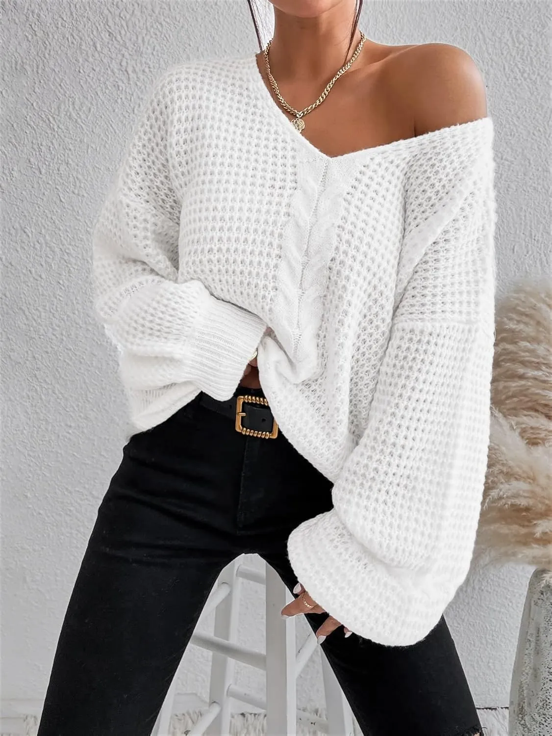 RFME Sweaters for Women Drop Shoulder Cable Knit Sweater Sweaters (Color : White, Size : Medium)