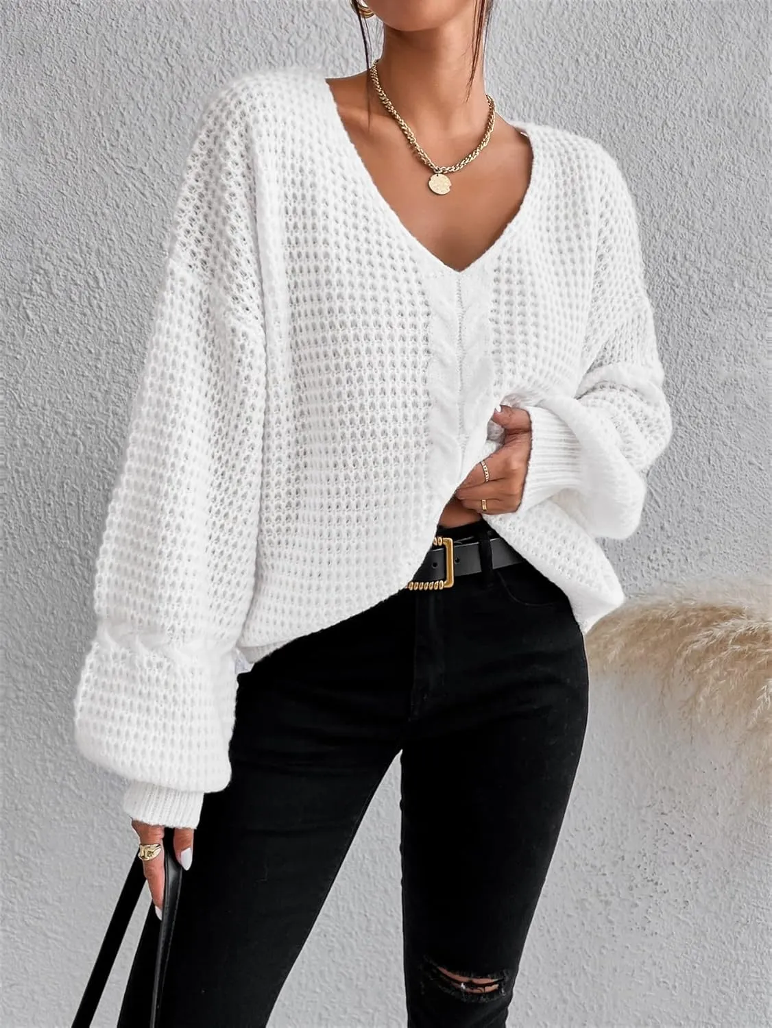 RFME Sweaters for Women Drop Shoulder Cable Knit Sweater Sweaters (Color : White, Size : Medium)