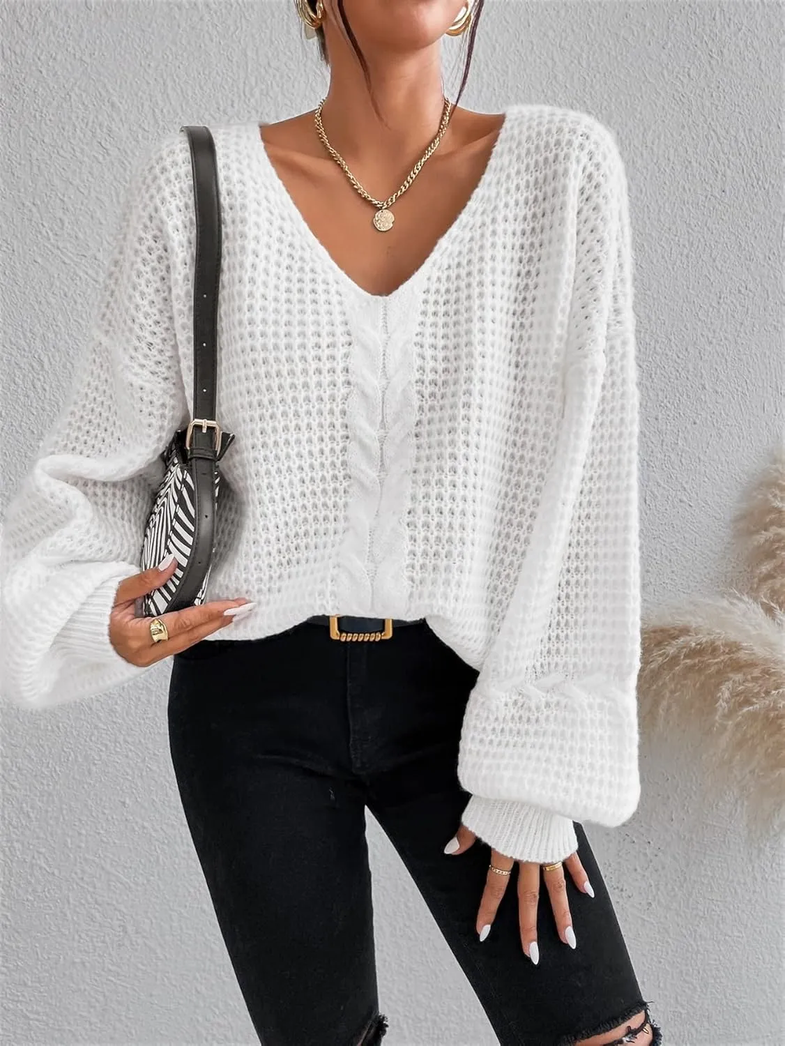 RFME Sweaters for Women Drop Shoulder Cable Knit Sweater Sweaters (Color : White, Size : Medium)