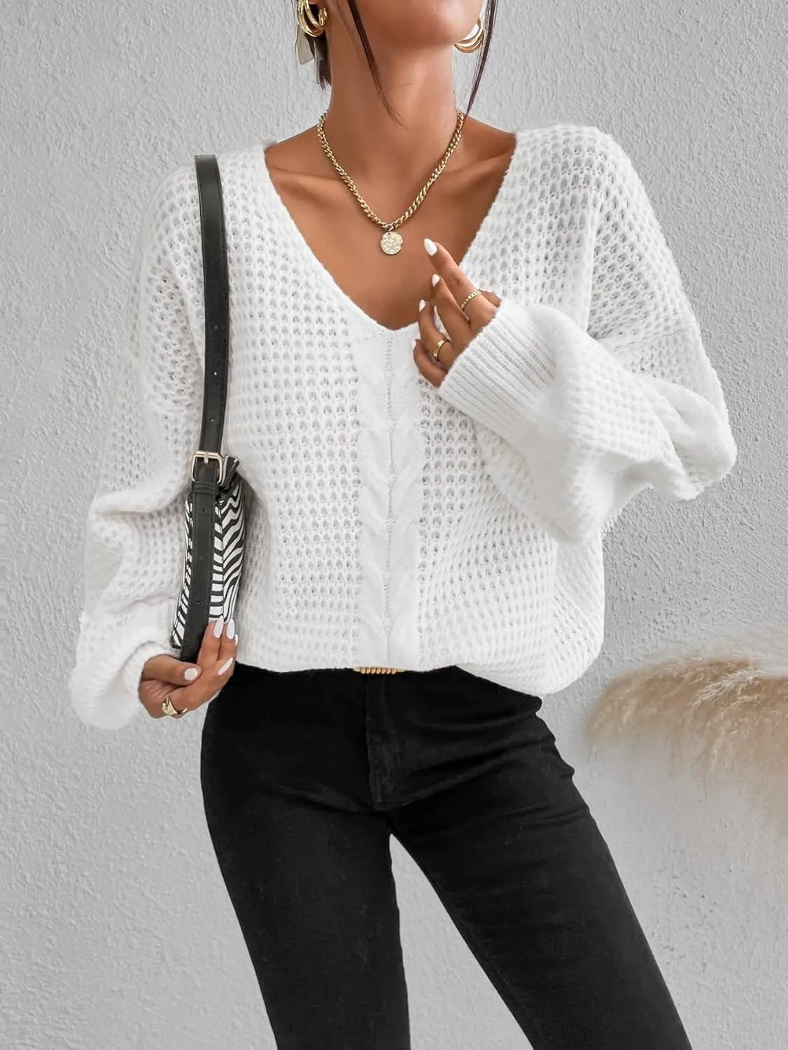RFME Sweaters for Women Drop Shoulder Cable Knit Sweater Sweaters (Color : White, Size : Medium)