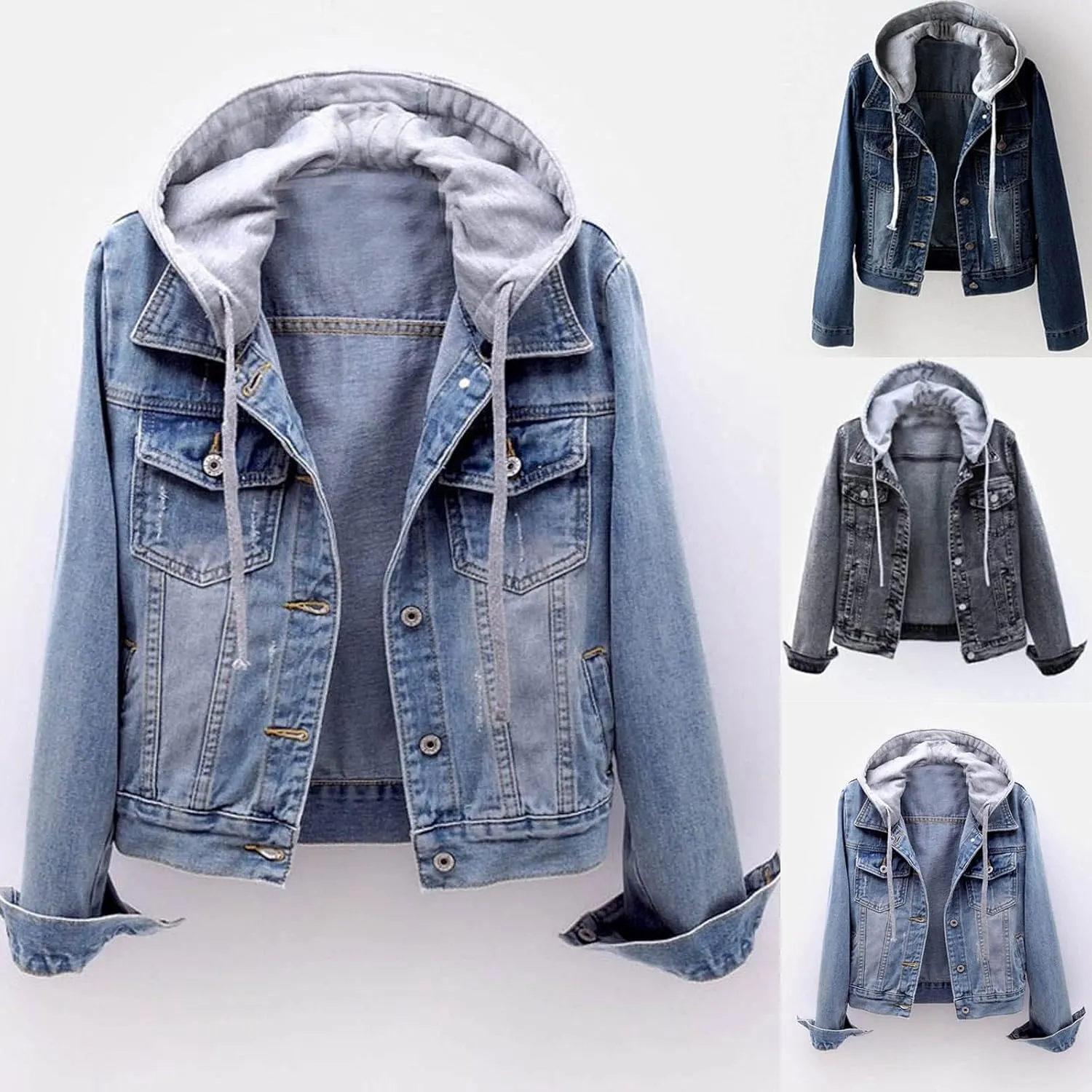 RKSTN Winter Coats Denim Jackets for Women Slim-Fit Hooded Jacket Velvet Jean Blouse Button Hoodies Trendy Hoodie Outerwear