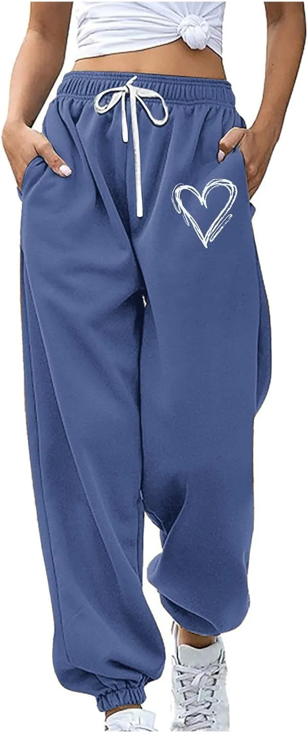 Ruziyoog Women's Casual Baggy Fleece Sweatpants Cute Heart Print Workout Active Joggers Pants Baggy Lounge Bottoms