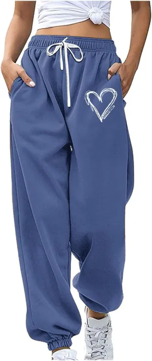 Ruziyoog Women's Casual Baggy Fleece Sweatpants Cute Heart Print Workout Active Joggers Pants Baggy Lounge Bottoms