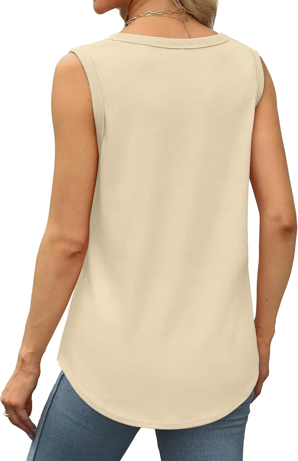 Saloogoe Womens Tank Tops Summer Loose Sleeveless Tops Ribbed Trim Scoop Neck Curved Hem 2024