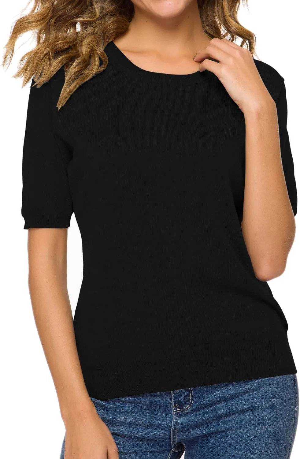 SANGTREE Women's Short Sleeve Sweaters Crew Neck Pullover Tops Summer Sweaters for Women