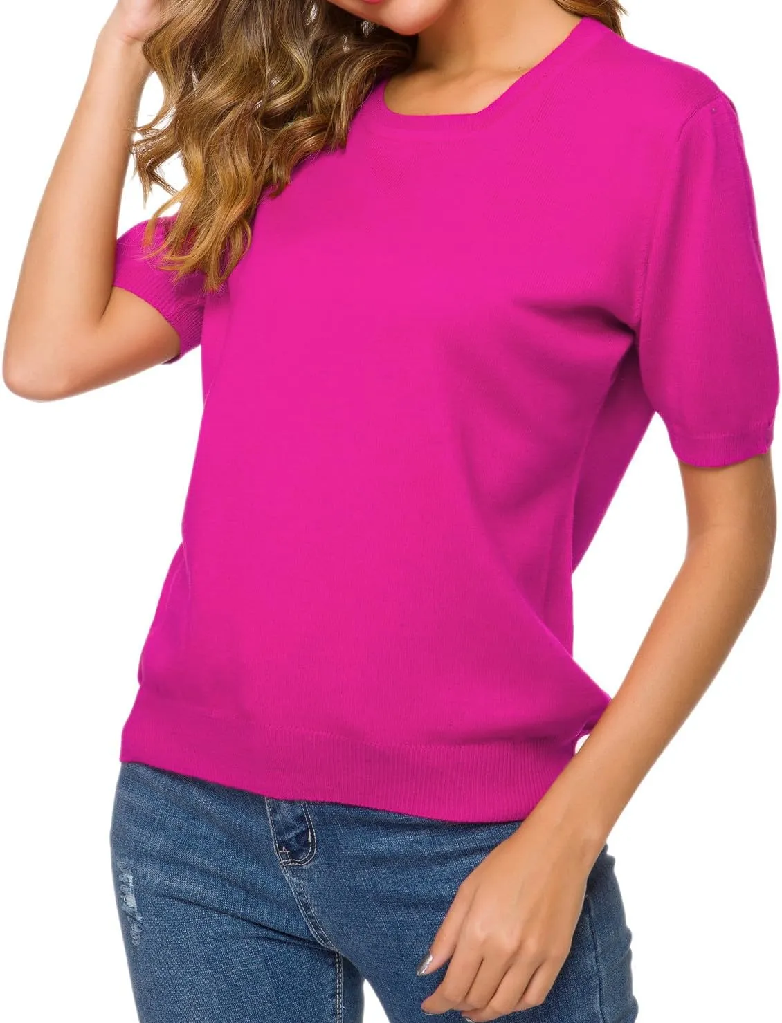 SANGTREE Women's Short Sleeve Sweaters Crew Neck Pullover Tops Summer Sweaters for Women