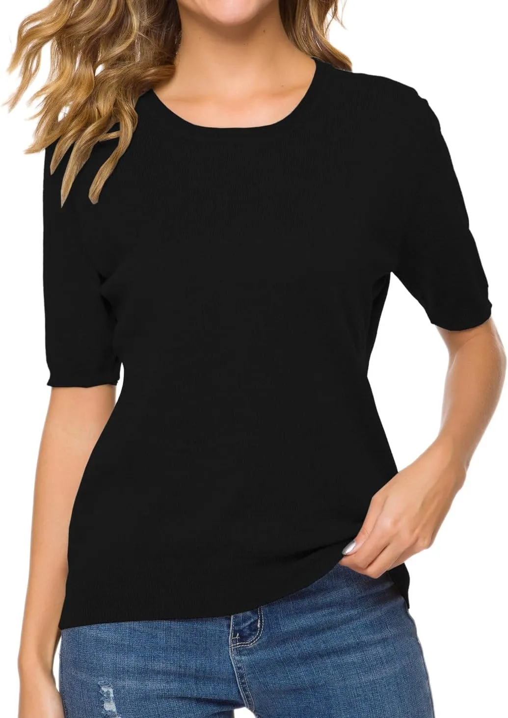 SANGTREE Women's Short Sleeve Sweaters Crew Neck Pullover Tops Summer Sweaters for Women
