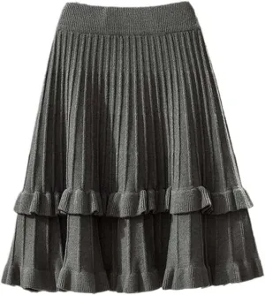 SaoBiiu Women Knitted Ruffle Pleated Mini Skirt Autumn Winter Bottoms Casual High Waist A-Line Skirts