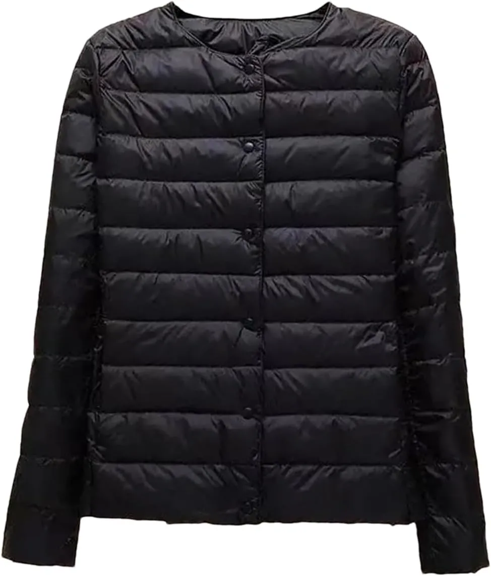 SaoBiiu Women Winter Coat Ultra Light Ollarless Down Jackets Portable Crew Neck Puffer Jackets