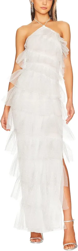 Sasaerucure Women Spaghetti Strap Maxi Dress Low Cut Slim Long Dress Y2K Irregular Tassels Bodycon Backless Sheer Mesh Dress