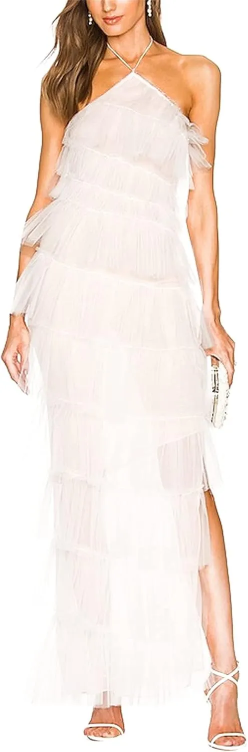 Sasaerucure Women Spaghetti Strap Maxi Dress Low Cut Slim Long Dress Y2K Irregular Tassels Bodycon Backless Sheer Mesh Dress