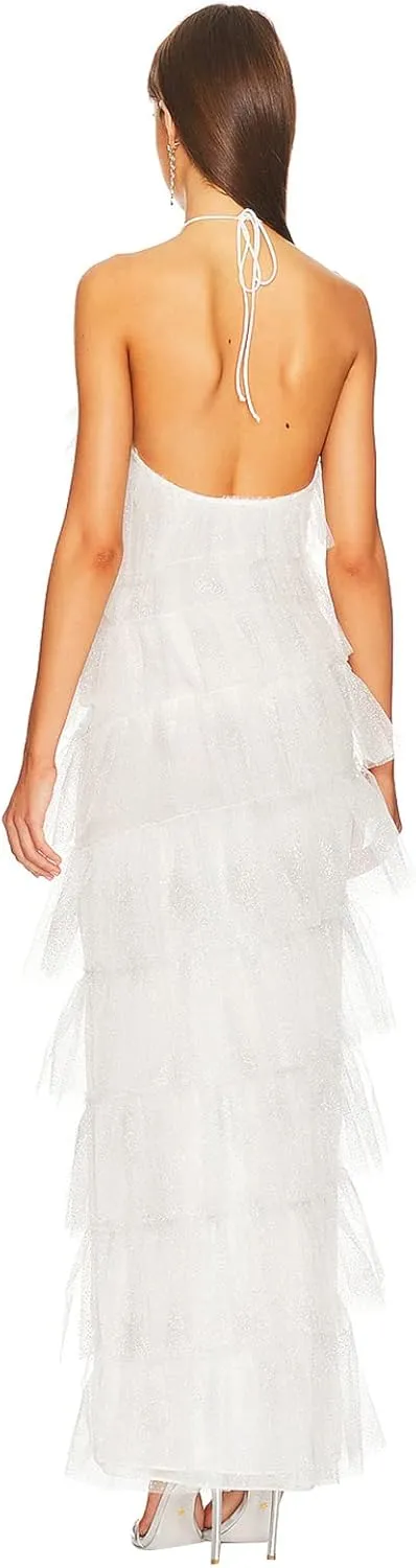 Sasaerucure Women Spaghetti Strap Maxi Dress Low Cut Slim Long Dress Y2K Irregular Tassels Bodycon Backless Sheer Mesh Dress