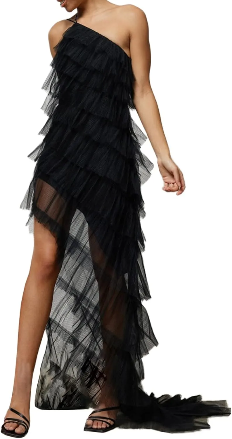 Sasaerucure Women Spaghetti Strap Maxi Dress Low Cut Slim Long Dress Y2K Irregular Tassels Bodycon Backless Sheer Mesh Dress