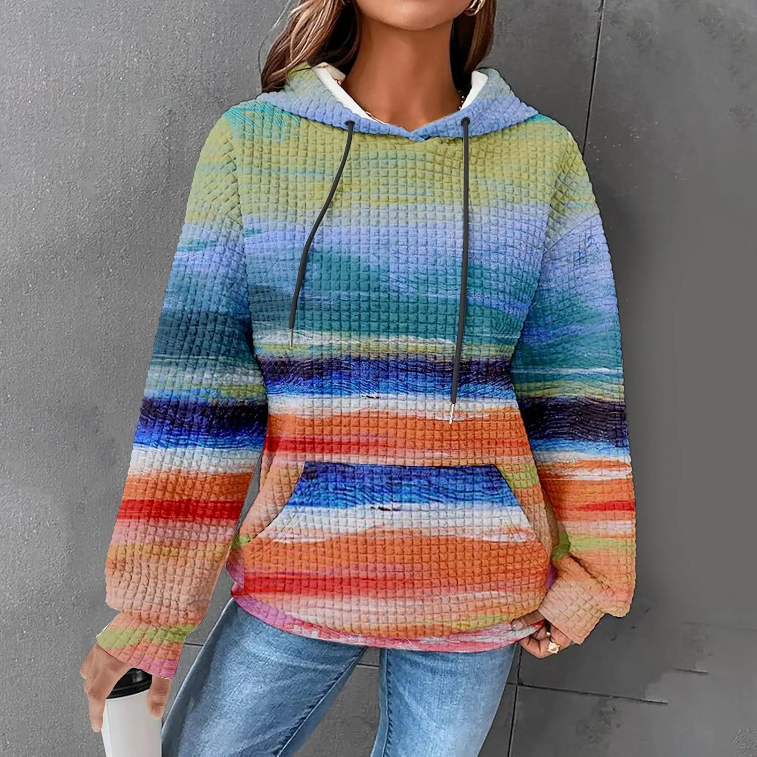 SHAOBGE Hoodies For Women Casual Pullover Waffle Long Sleeve Drawstring Hooded Sweatshirt with Pocket