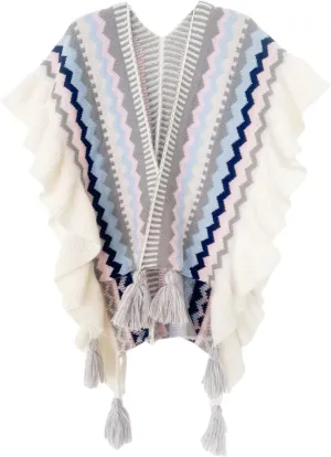 Shawl Wraps for Women Boho Knit Open Front Cardigan Sweater Color Block Ruffle Cape Poncho with Tassel for Fall Winter