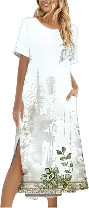 Shirt Dresses for Women Casual Crewneck Short Sleeve Sundress Loose Side Split Beach Vacation Dress with Pockets