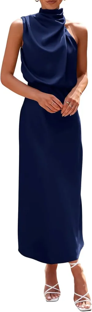 Smoneyful Women 2025 Summer Sleeveless Mock Neck Satin Maxi Dress for Cocktail Party Features Elegant Look Side Slit Flowy