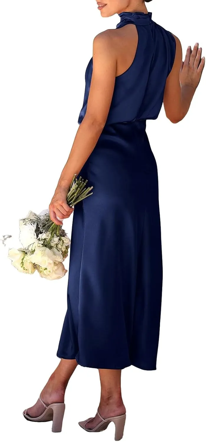 Smoneyful Women 2025 Summer Sleeveless Mock Neck Satin Maxi Dress for Cocktail Party Features Elegant Look Side Slit Flowy