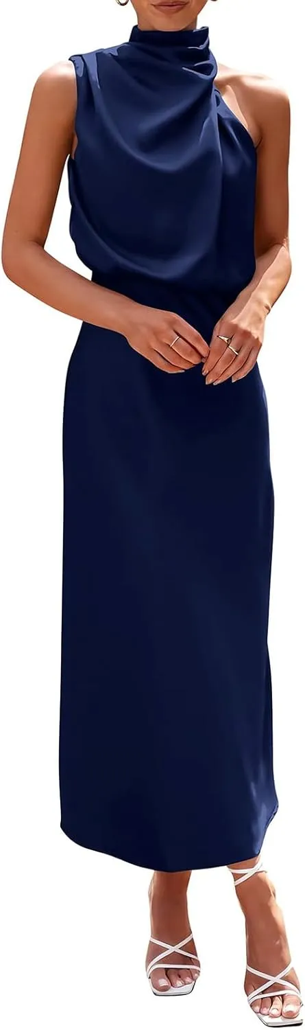 Smoneyful Women 2025 Summer Sleeveless Mock Neck Satin Maxi Dress for Cocktail Party Features Elegant Look Side Slit Flowy