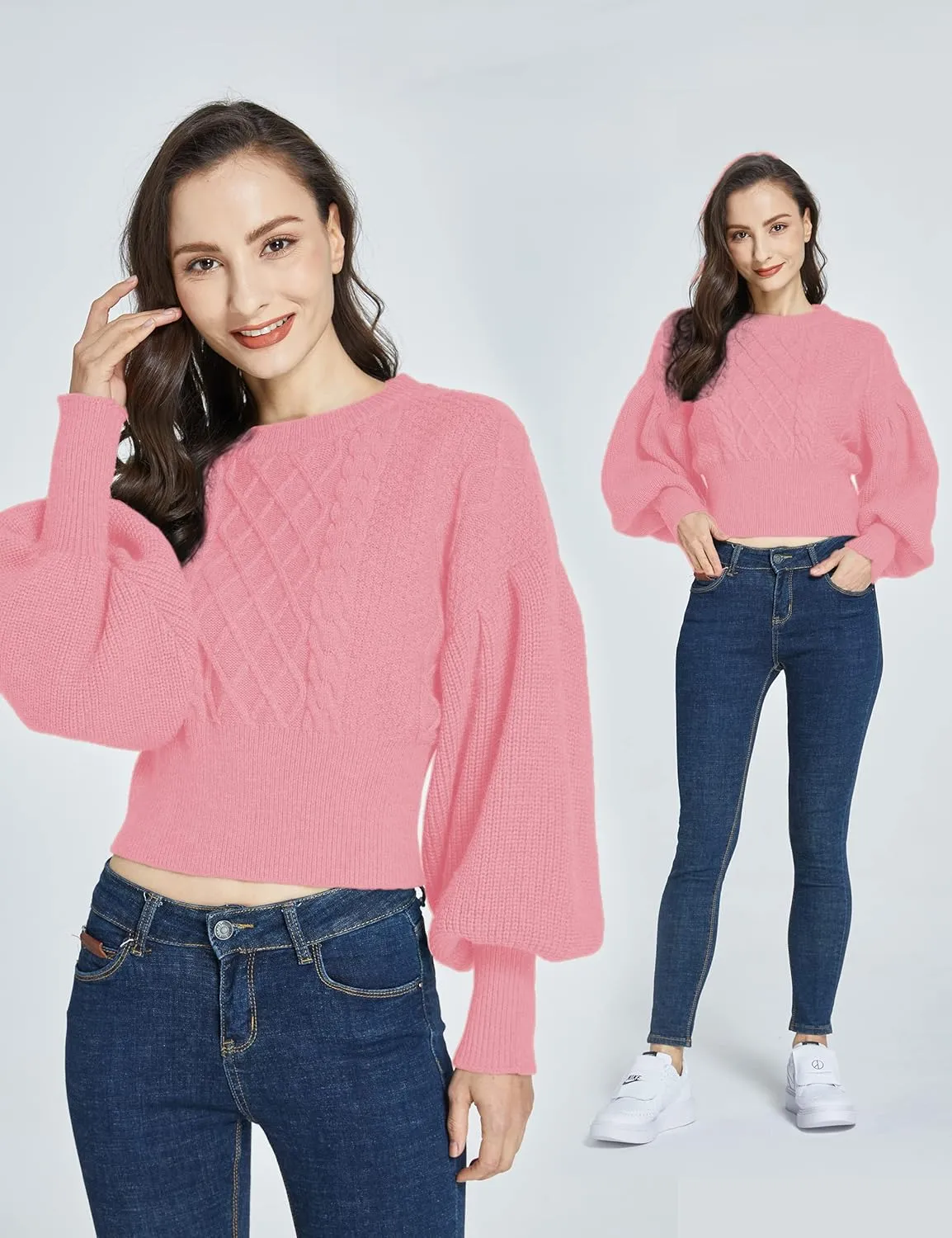SSLR-Womens-Oversized-Sweaters-Cropped Sweaters Crewneck Long Lantern Sleeve Knitted Cable Pullover