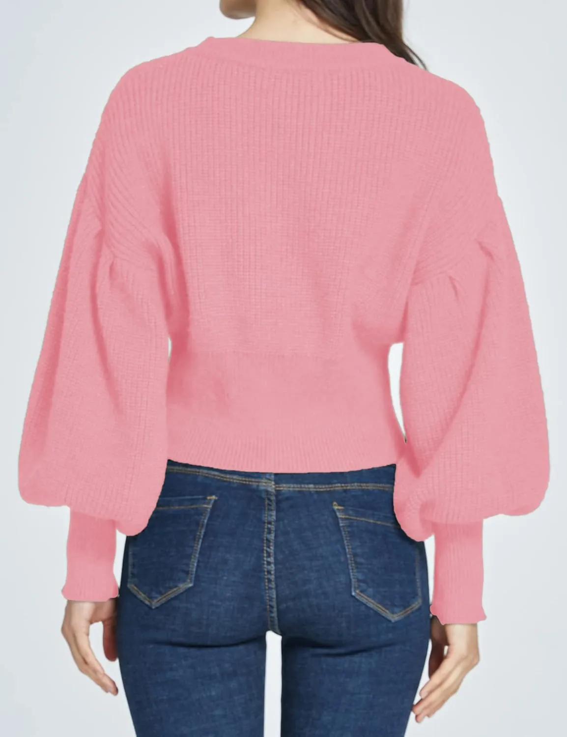 SSLR-Womens-Oversized-Sweaters-Cropped Sweaters Crewneck Long Lantern Sleeve Knitted Cable Pullover