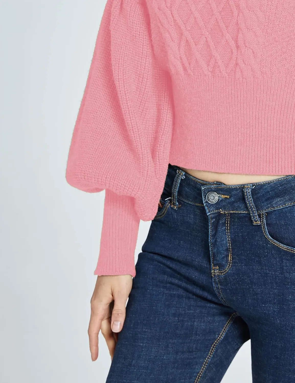 SSLR-Womens-Oversized-Sweaters-Cropped Sweaters Crewneck Long Lantern Sleeve Knitted Cable Pullover
