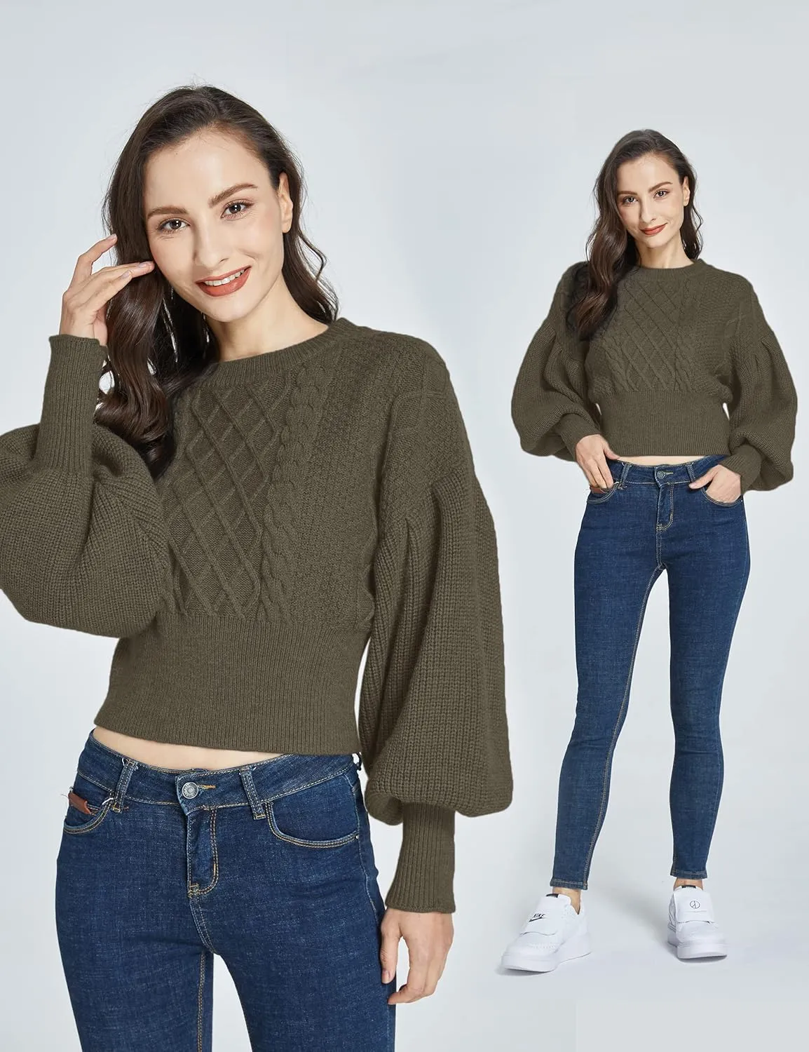 SSLR-Womens-Oversized-Sweaters-Cropped Sweaters Crewneck Long Lantern Sleeve Knitted Cable Pullover