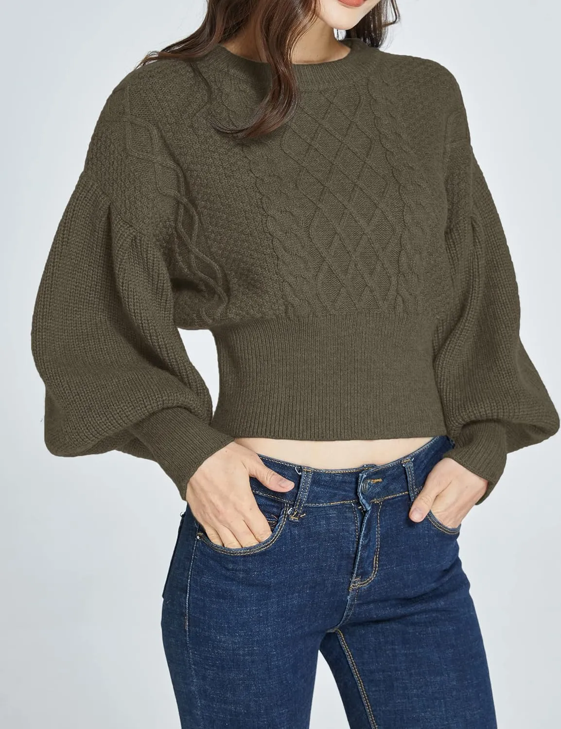 SSLR-Womens-Oversized-Sweaters-Cropped Sweaters Crewneck Long Lantern Sleeve Knitted Cable Pullover