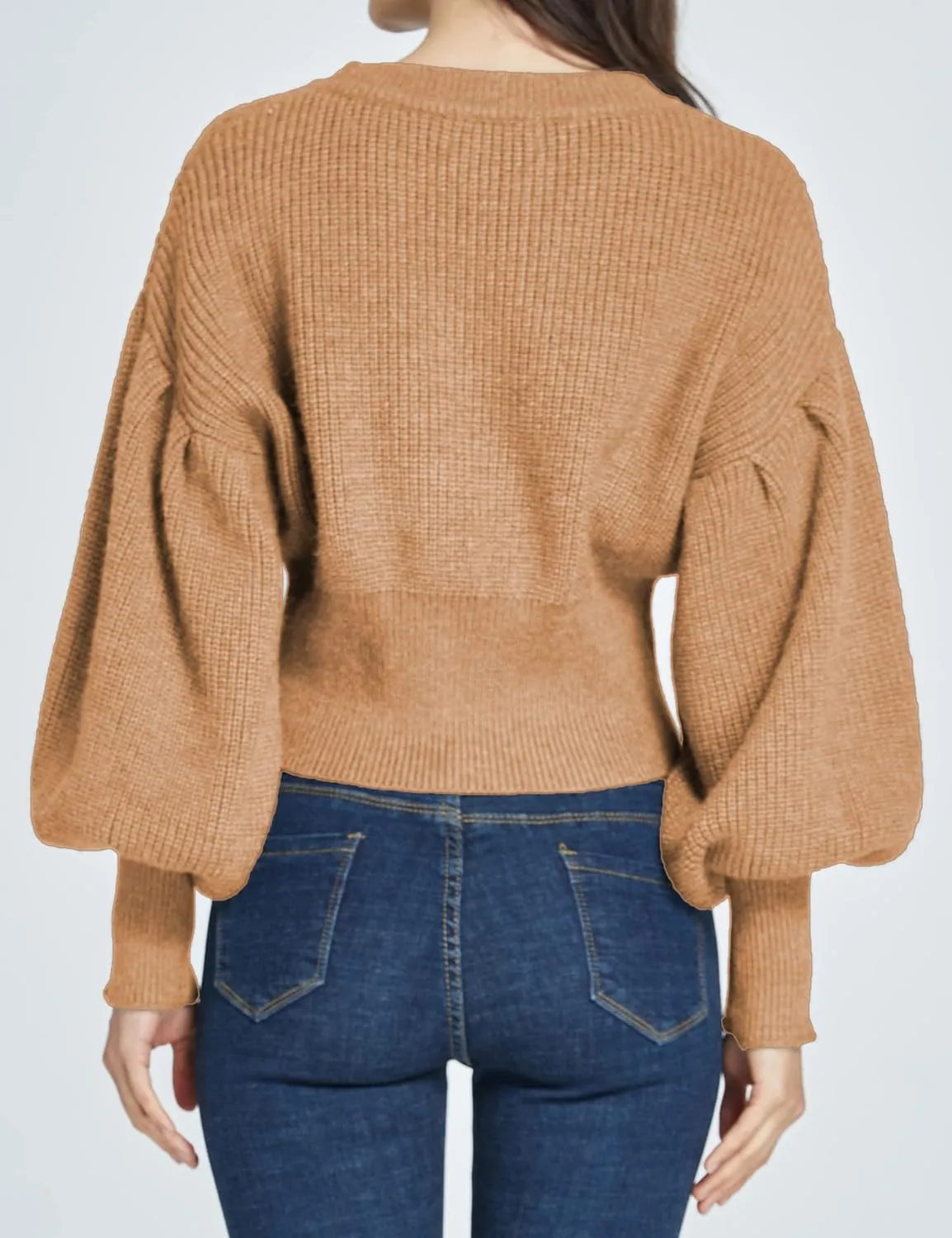 SSLR-Womens-Oversized-Sweaters-Cropped Sweaters Crewneck Long Lantern Sleeve Knitted Cable Pullover