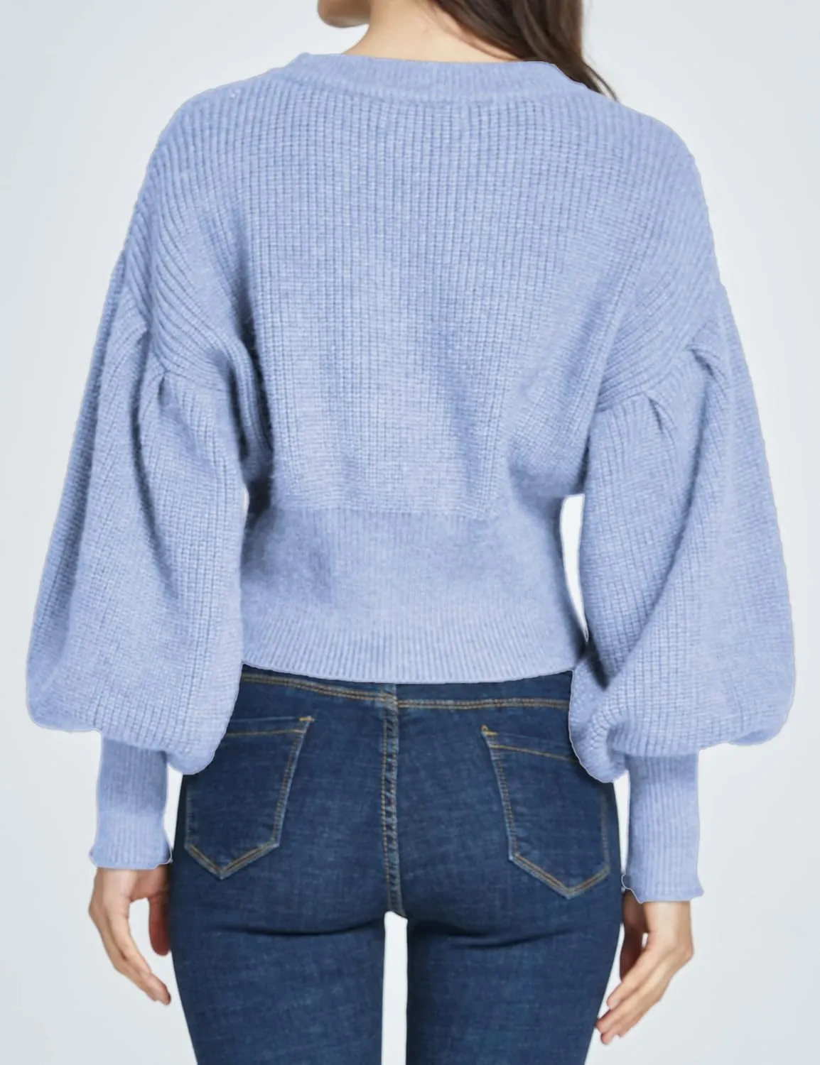 SSLR-Womens-Oversized-Sweaters-Cropped Sweaters Crewneck Long Lantern Sleeve Knitted Cable Pullover