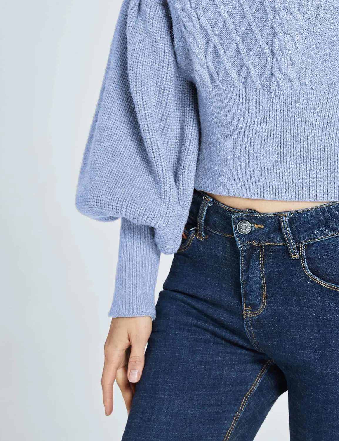 SSLR-Womens-Oversized-Sweaters-Cropped Sweaters Crewneck Long Lantern Sleeve Knitted Cable Pullover