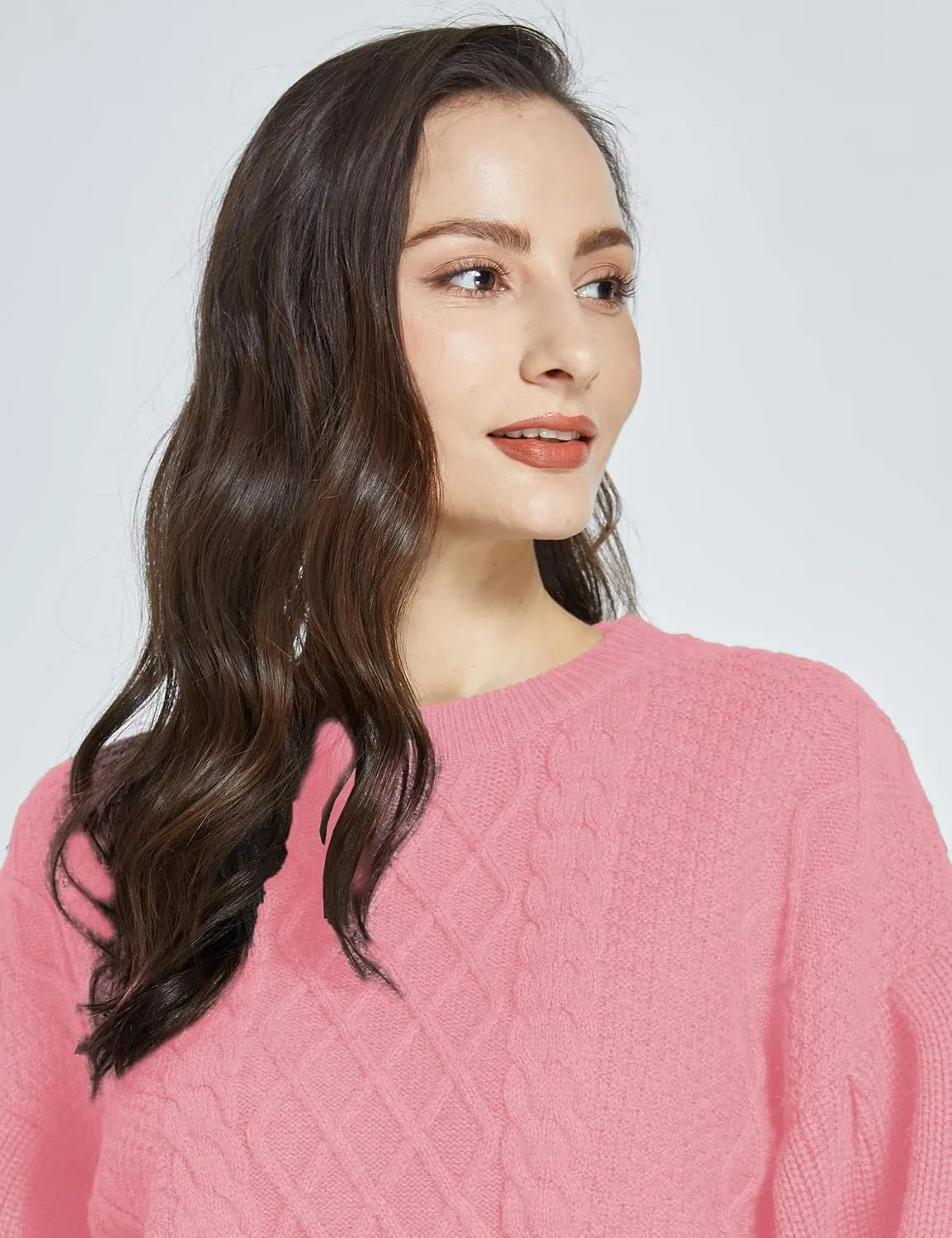 SSLR-Womens-Oversized-Sweaters-Cropped Sweaters Crewneck Long Lantern Sleeve Knitted Cable Pullover