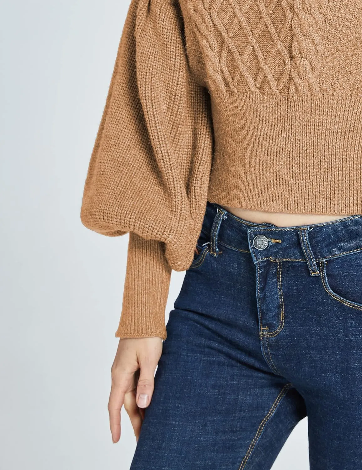 SSLR-Womens-Oversized-Sweaters-Cropped Sweaters Crewneck Long Lantern Sleeve Knitted Cable Pullover