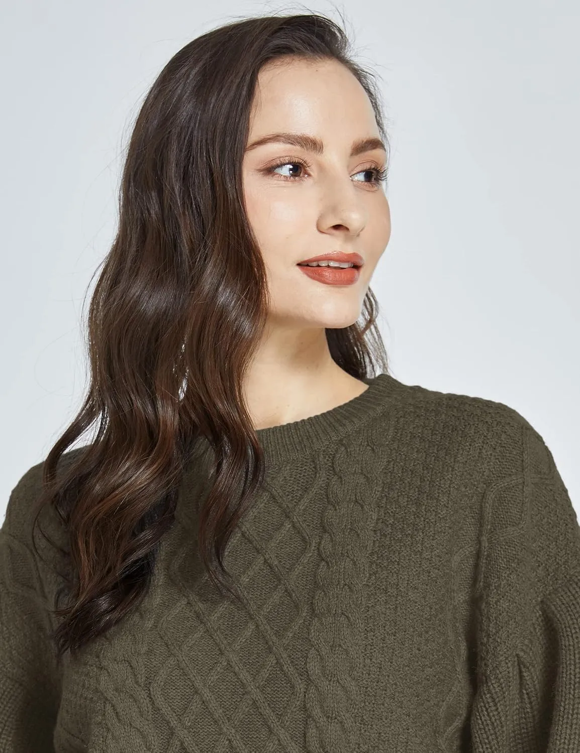 SSLR-Womens-Oversized-Sweaters-Cropped Sweaters Crewneck Long Lantern Sleeve Knitted Cable Pullover