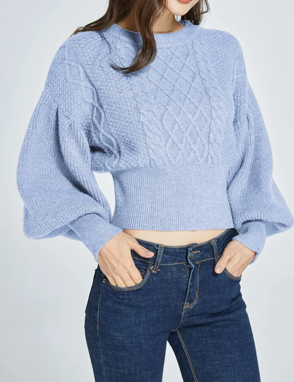 SSLR-Womens-Oversized-Sweaters-Cropped Sweaters Crewneck Long Lantern Sleeve Knitted Cable Pullover