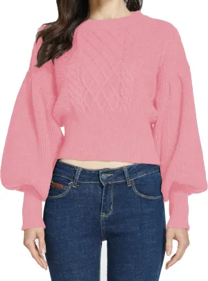 SSLR-Womens-Oversized-Sweaters-Cropped Sweaters Crewneck Long Lantern Sleeve Knitted Cable Pullover