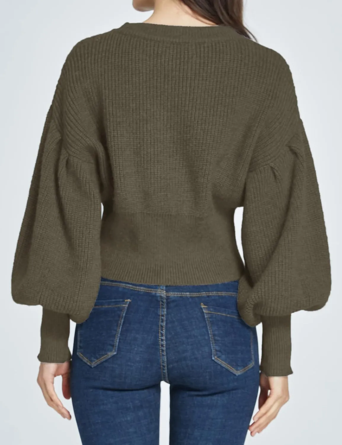 SSLR-Womens-Oversized-Sweaters-Cropped Sweaters Crewneck Long Lantern Sleeve Knitted Cable Pullover