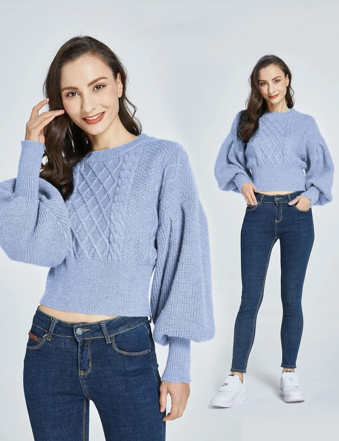 SSLR-Womens-Oversized-Sweaters-Cropped Sweaters Crewneck Long Lantern Sleeve Knitted Cable Pullover