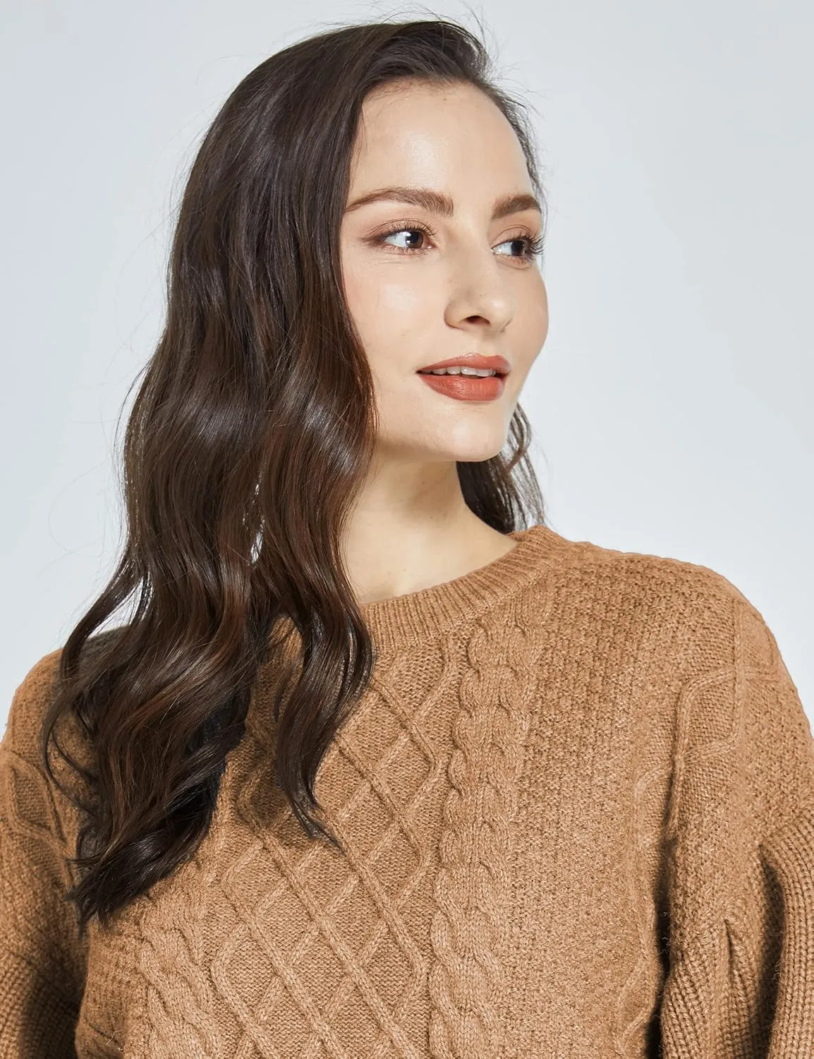 SSLR-Womens-Oversized-Sweaters-Cropped Sweaters Crewneck Long Lantern Sleeve Knitted Cable Pullover