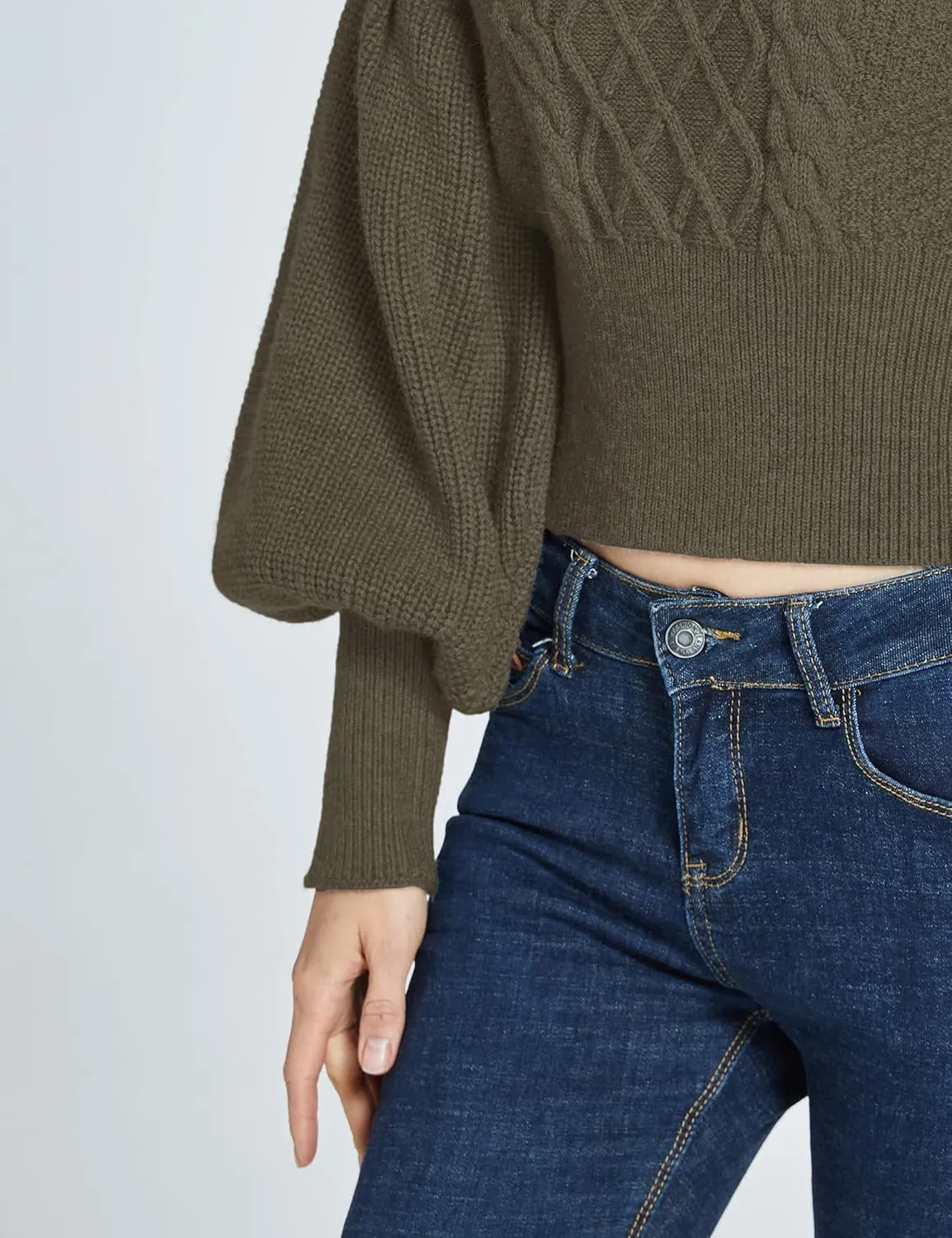 SSLR-Womens-Oversized-Sweaters-Cropped Sweaters Crewneck Long Lantern Sleeve Knitted Cable Pullover