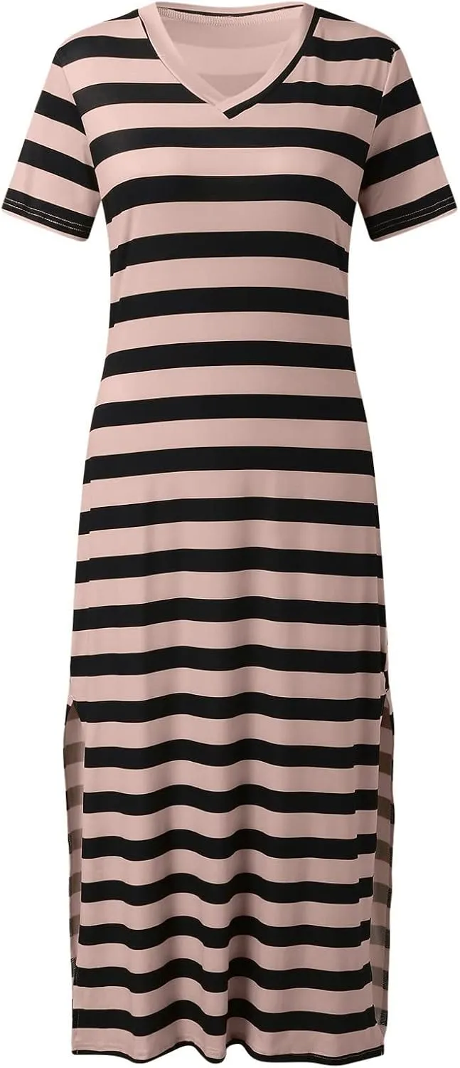 Stripe Maxi Dresses for Women 2025 Casual Split Short Sleeve V Neck T Shirt Dress Striped Loose Summer Sundress