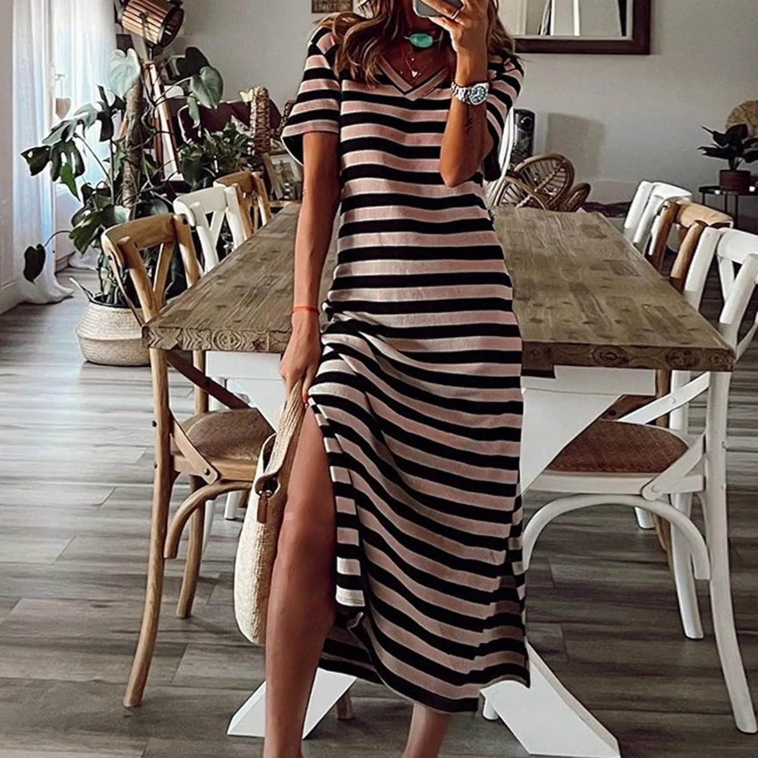 Stripe Maxi Dresses for Women 2025 Casual Split Short Sleeve V Neck T Shirt Dress Striped Loose Summer Sundress