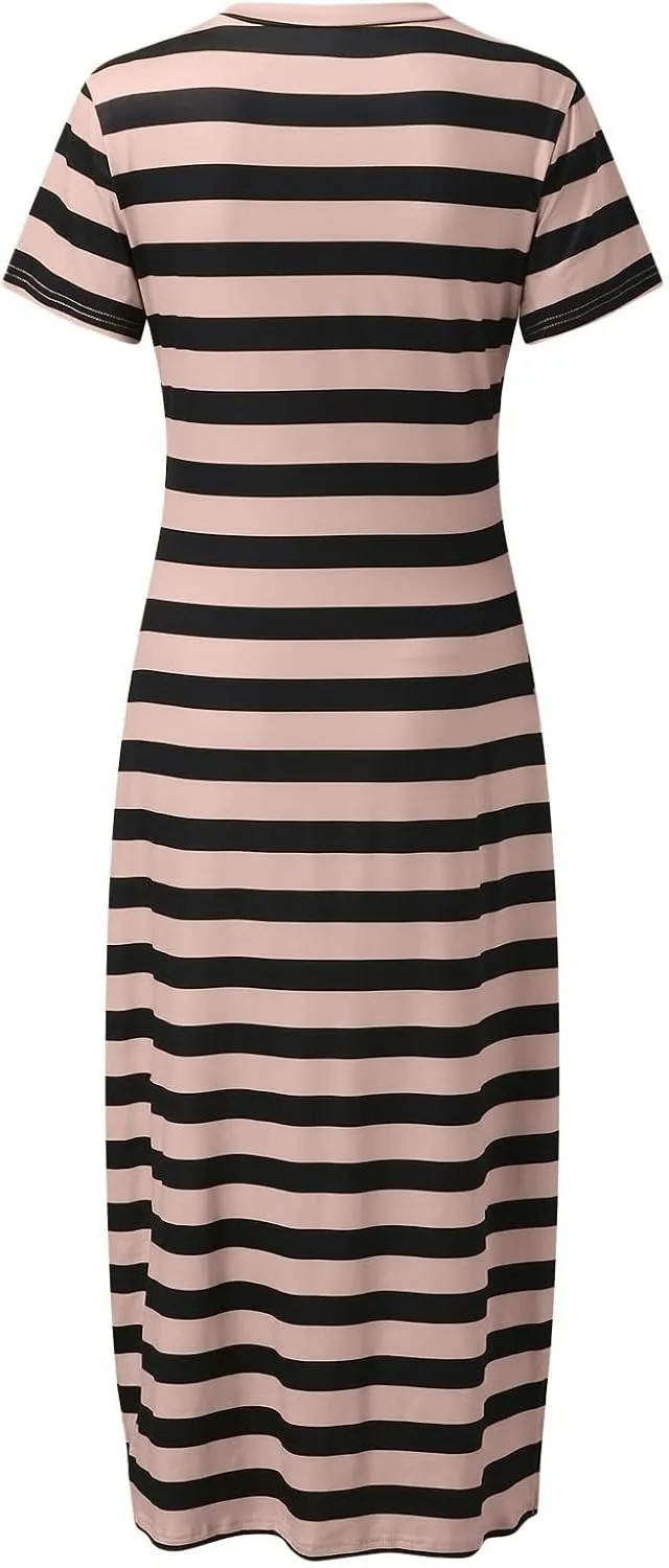 Stripe Maxi Dresses for Women 2025 Casual Split Short Sleeve V Neck T Shirt Dress Striped Loose Summer Sundress