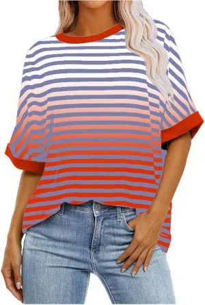 Striped Shirt for Women Summer Short Sleeve Crewneck Oversized T Shirt Color Block Tee Shirt Loose Fit Pullover Tops